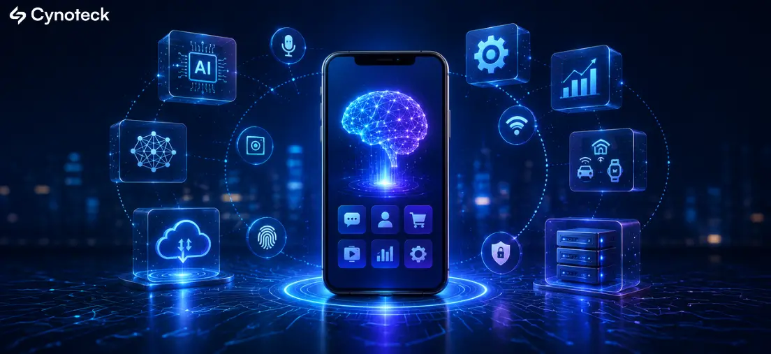 3D illustration of an AI-powered mobile app connected with cloud, IoT, analytics, and intelligent technologies, representing the future of mobile app development.