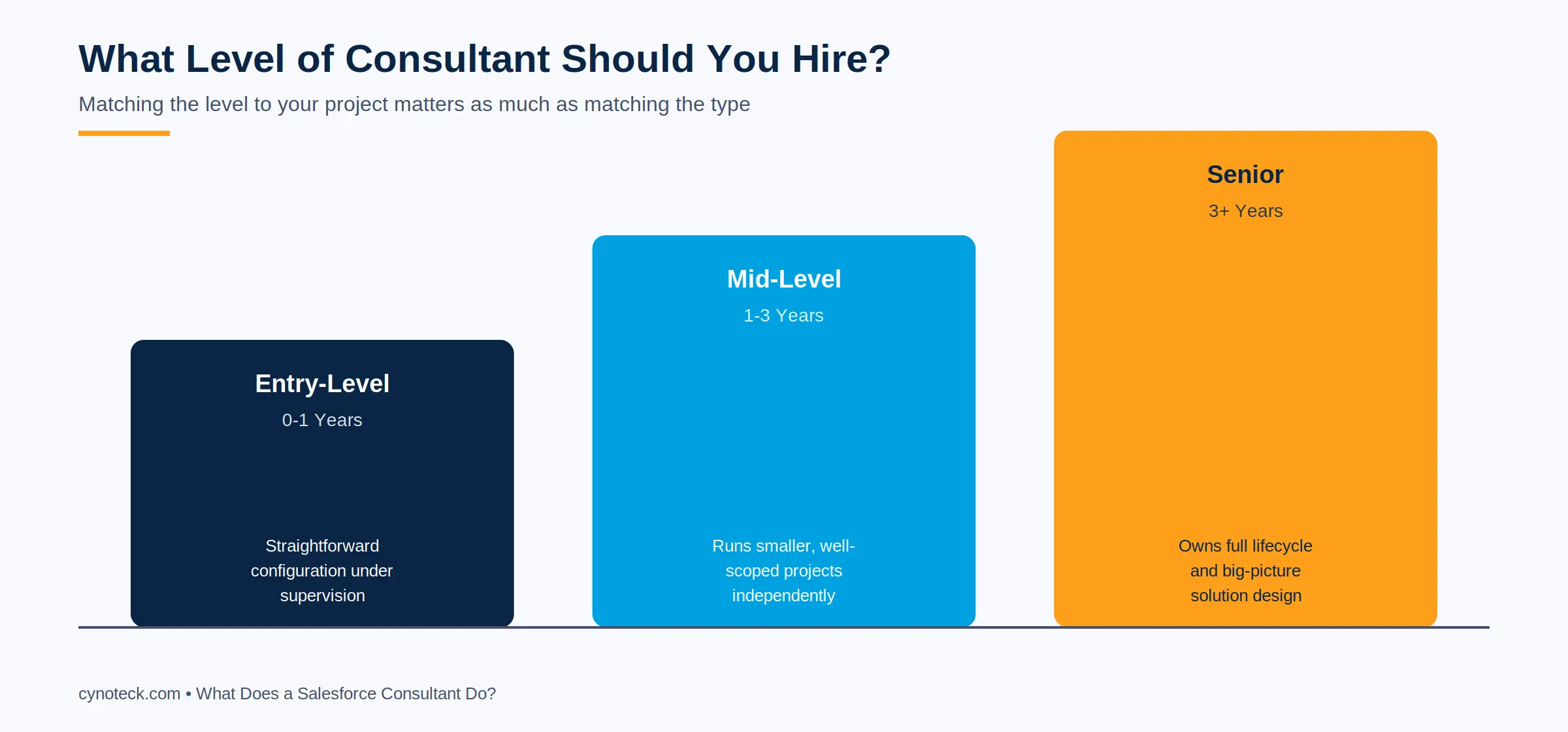 Entry-level, mid-level, and senior Salesforce consultant experience levels