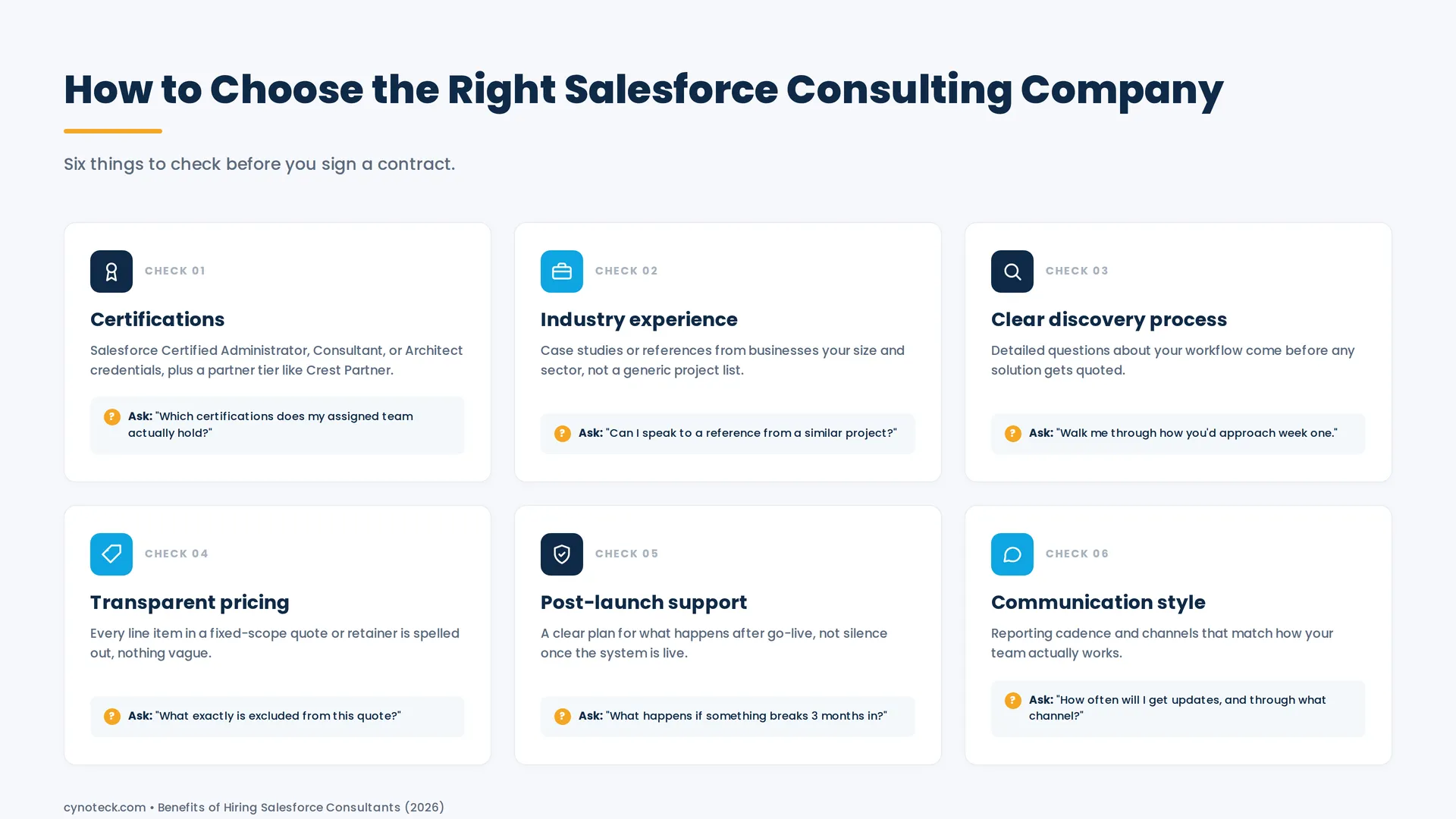 Checklist for choosing a Salesforce consulting company: certifications, experience, and support