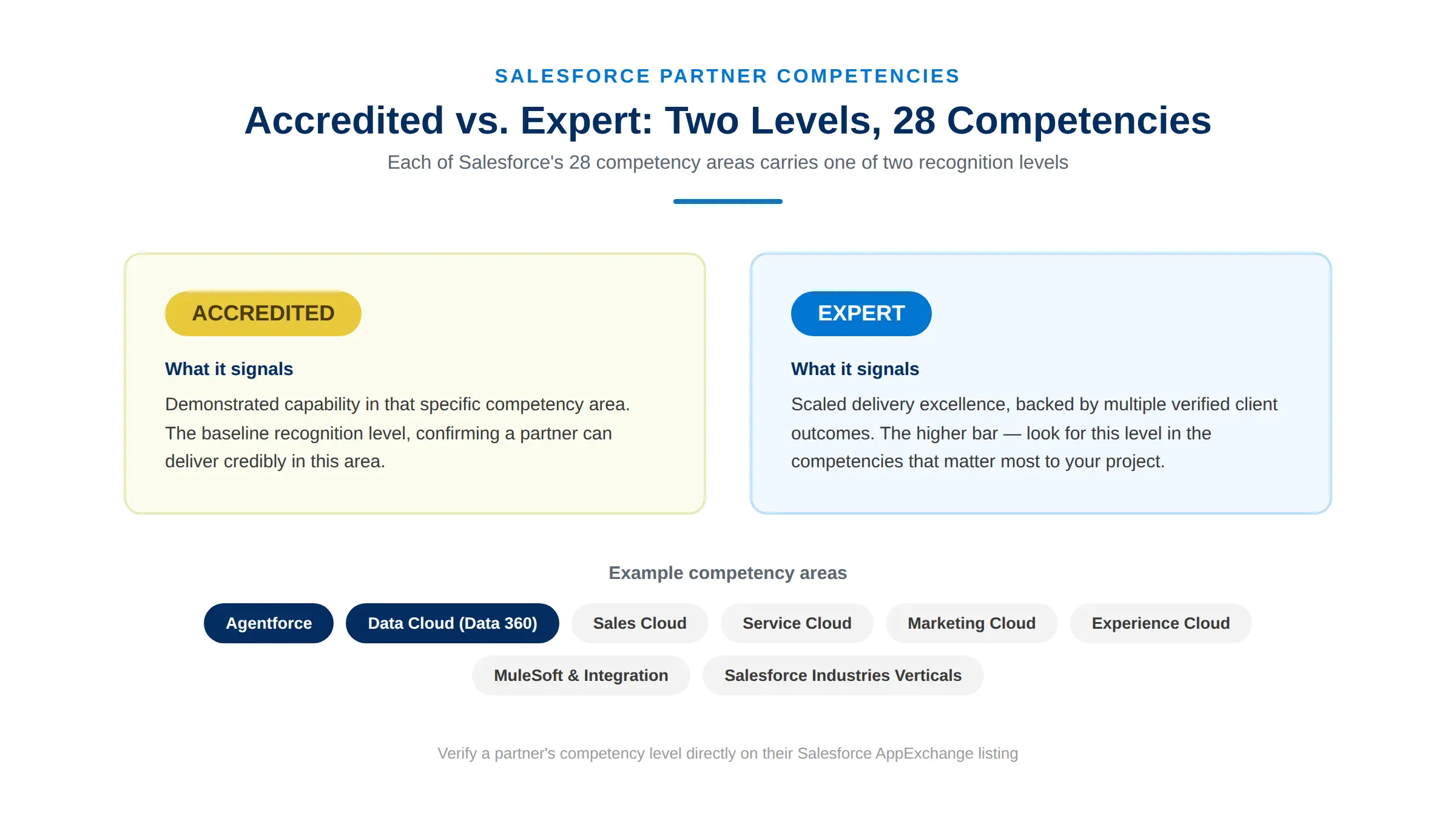 Salesforce partner competency levels infographic showing Accredited vs Expert recognition across 28 competencies
